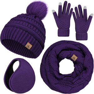 Women Purple Knit Beanie Hat, Gloves, Scarf & Ear Warmer Set - Winter
